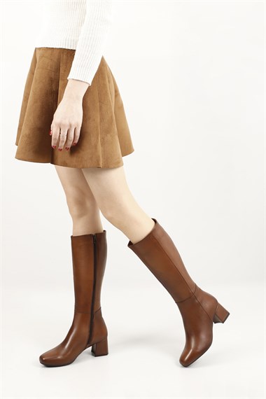 Womens Tan Antique Genuine Leather High Heel Zipper Boots