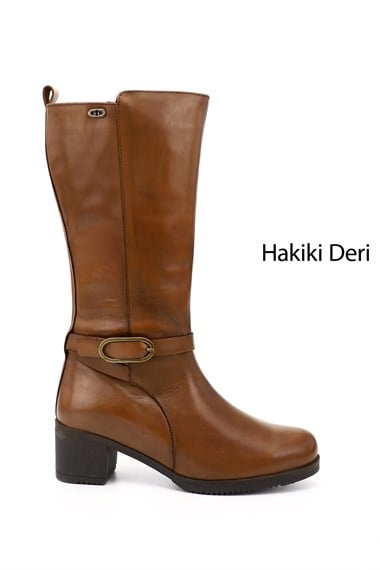 Womens Tan Antique Thick-Heeled Genuine Leather Boots