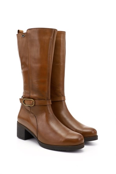Womens Tan Antique Thick-Heeled Genuine Leather Boots