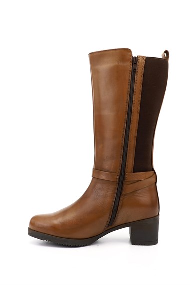 Womens Tan Antique Thick-Heeled Genuine Leather Boots