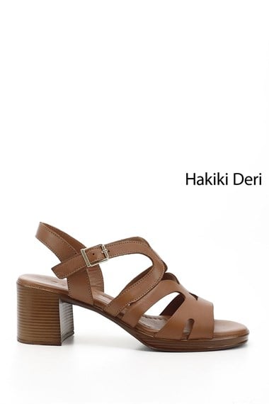Kadın Taba Antik Kalın Topuklu Hakiki Deri Sandalet