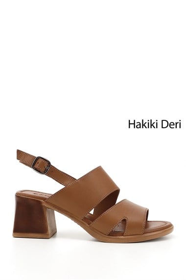 Kadın Taba Antik Kalın Topuklu Hakiki Deri Sandalet