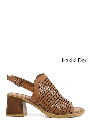 Kadın Taba Antik Kalın Topuklu Hakiki Deri Sandalet