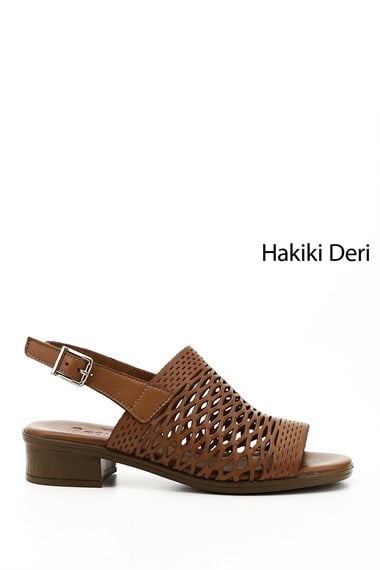Kadın Taba Antik Kısa Kalın Topuklu Hakiki Deri Sandalet
