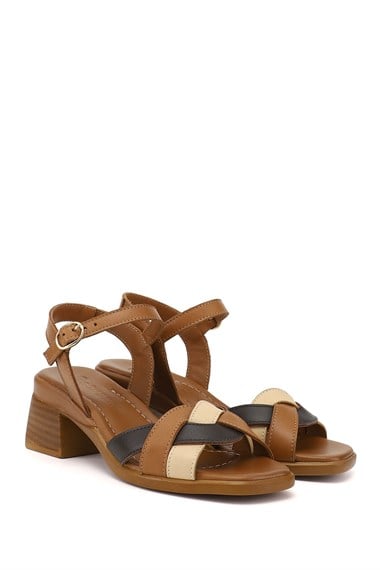 Kadın Taba Antik Örgü Bantlı Kalın Topuklu Hakiki Deri Sandalet