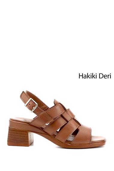 Kadın Taba Antik Örgü Bantlı  Kalın Topuklu Hakiki Deri Sandalet