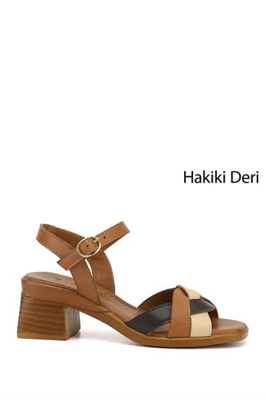 Kadın Taba Antik Örgü Bantlı Kalın Topuklu Hakiki Deri Sandalet