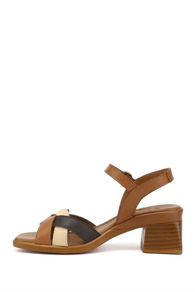 Kadın Taba Antik Örgü Bantlı Kalın Topuklu Hakiki Deri Sandalet