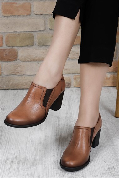 Kadın Taba Antik Orta Kalın Topuklu Hakiki Deri Ayakkabı