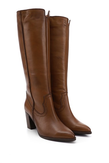 Womens Tan Antique Pointed Toe Thick Heel Genuine Leather Boots