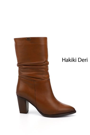 Kadın Taba Antik Sivri Burun Körüklü Kalın Topuklu Hakiki Deri Çizme