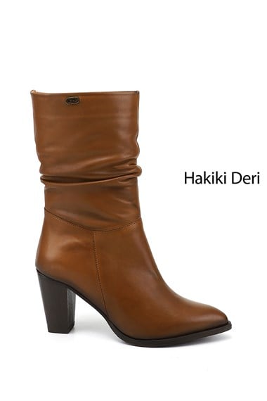 Kadın Taba Antik Sivri Burun Körüklü Kalın Topuklu Hakiki Deri Çizme