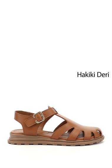 Kadın Taba Antik Tokalı Burnu Kapalı Hakiki Deri Sandalet