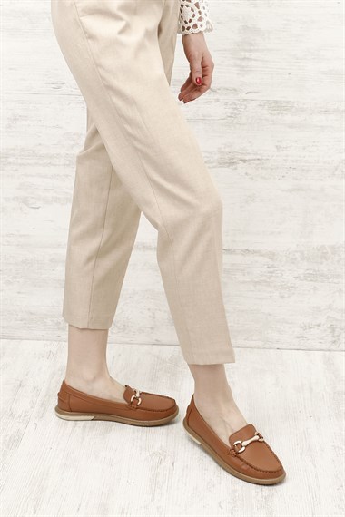 Kadın Taba Antik Tokalı Rok Hakiki Deri Comfort Loafer