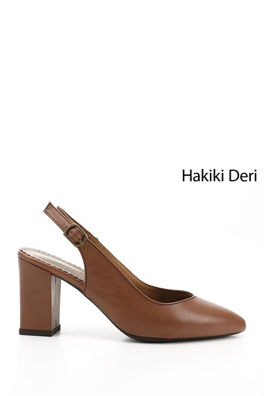 Kadın Taba Antik Yüksek Kalın Topuklu Arkası Açık Hakiki Deri Ayakkabı