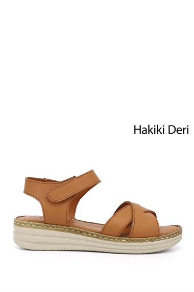 Kadın Taba Cırt Bantlı Dolgu Topuk Hakiki Deri Comfort Sandalet