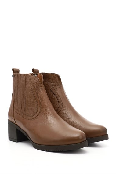 Womens Brown Floaty Zippered Thick Heel Genuine Leather Boots