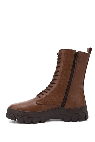 Womens Brown Floater Zippered Rubber Sole Genuine Leather Combat Boots