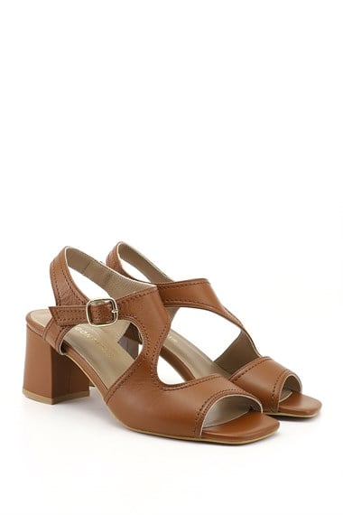 Kadın Taba Kalın Topuklu Arkası Açık Hakiki Deri Sandalet