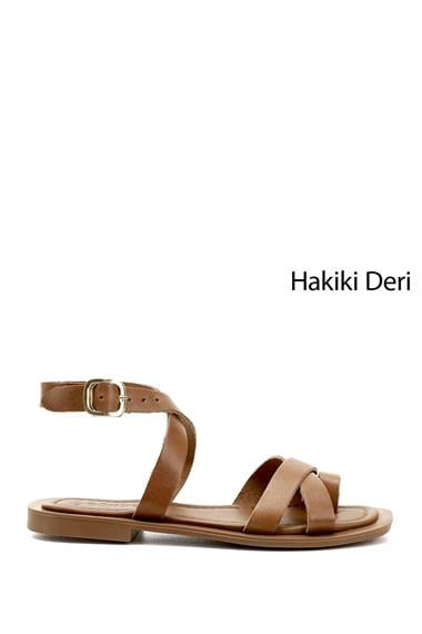 Kadın Taba Parmak Arası Bilek Bağlı Hakiki Deri Sandalet