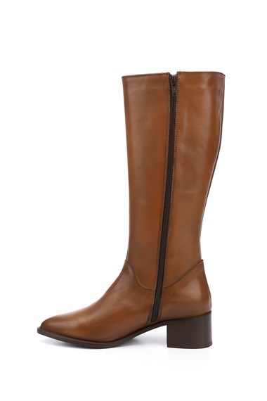 Womens Tan Genuine Leather Heeled Zippered Boots