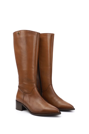 Womens Tan Genuine Leather Heeled Zippered Boots