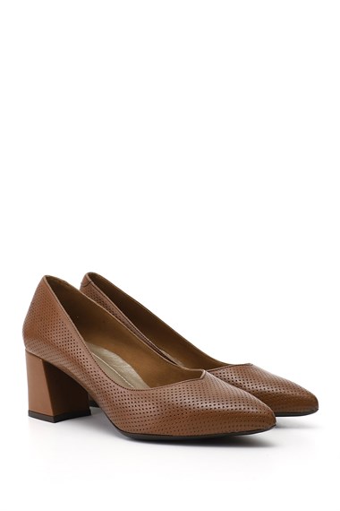 Kadın Taba Sivri Burun Orta Kalın Topuklu Hakiki Deri Ayakkabı