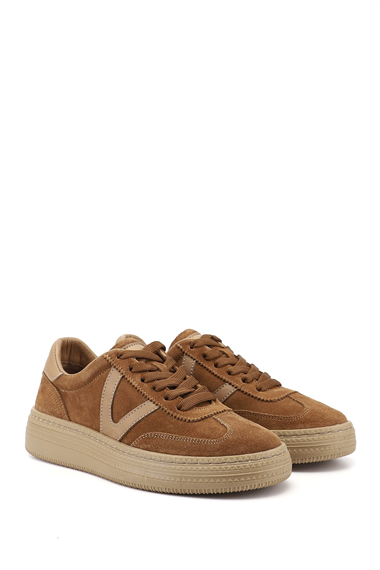 Womens Tan Suede Laced Genuine Leather Sneaker