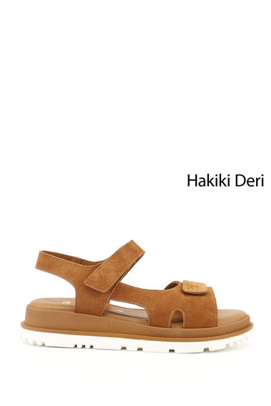 Kadın Taba Süet Cırt Bantlı Hakiki Deri Sandalet