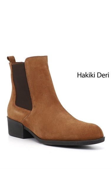 Kadın Taba Süet Fermuarlı Kalın Topuklu Hakiki Deri Chelsea Bot