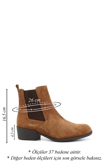 Kadın Taba Süet Fermuarlı Kalın Topuklu Hakiki Deri Chelsea Bot