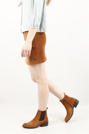 Kadın Taba Süet Fermuarlı Kalın Topuklu Hakiki Deri Chelsea Bot