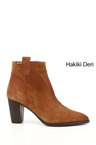 Kadın Taba Süet Fermuarlı Sivri Burun Hakiki Deri Bot