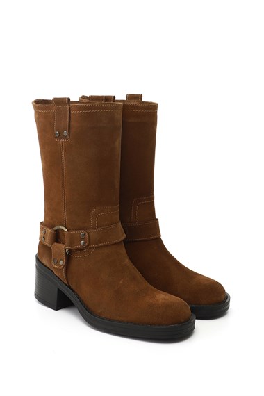 Kadın Taba Süet Kalın Topuklu Hakiki Deri Çizme