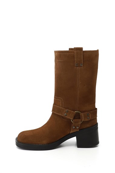 Kadın Taba Süet Kalın Topuklu Hakiki Deri Çizme