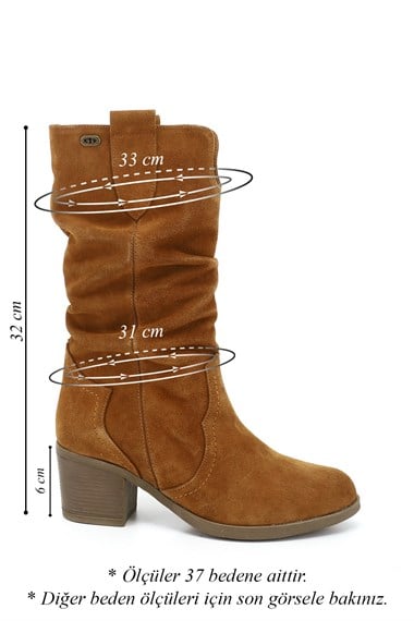 Kadın Taba Süet Kalın Topuklu Körüklü Hakiki Deri Çizme