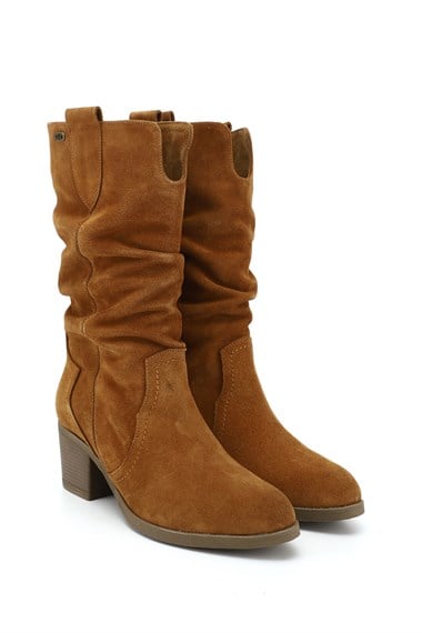 Kadın Taba Süet Kalın Topuklu Körüklü Hakiki Deri Çizme