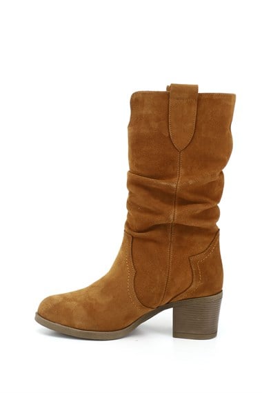 Kadın Taba Süet Kalın Topuklu Körüklü Hakiki Deri Çizme