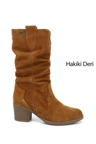Kadın Taba Süet Kalın Topuklu Körüklü Hakiki Deri Çizme