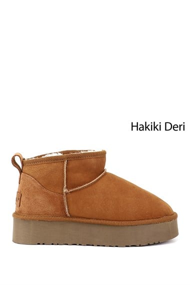 Kadın Taba Süet Mini Platform Taban Hakiki Deri Kürklü Bot