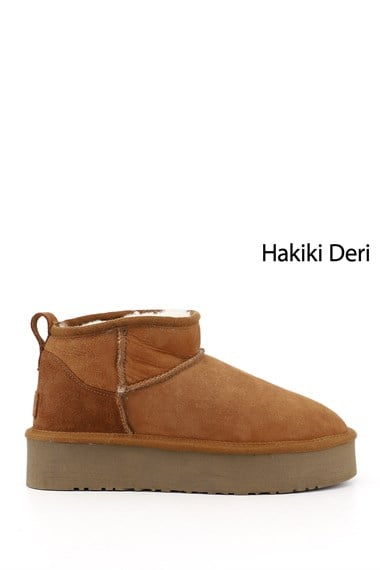 Kadın Taba Süet Mini Platform Taban Hakiki Deri Kürklü Bot