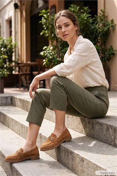 Kadın Taba Süet Tokalı Loafer Ayakkabı