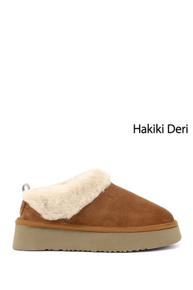 Kadın Taba Süet W Tazz Kalın Tabanlı Hakiki Deri Kürklü Terlik
