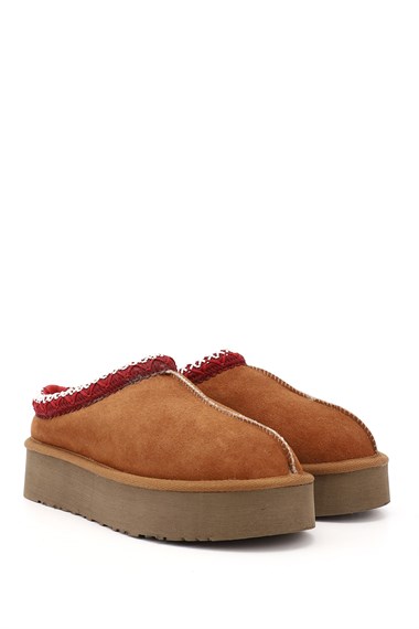 Womens Tan Suede W Tazz Thick Soled Genuine Leather Fur Slippers