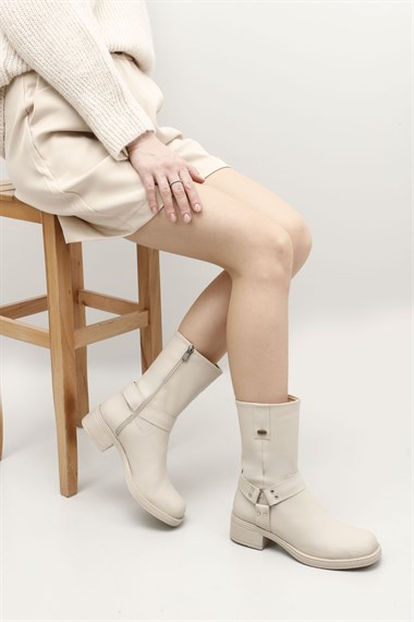 Womens Ten Zipper Blunt Toe Thick Heel Biker Boots