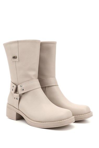 Womens Ten Zipper Blunt Toe Thick Heel Biker Boots