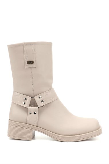 Womens Ten Zipper Blunt Toe Thick Heel Biker Boots