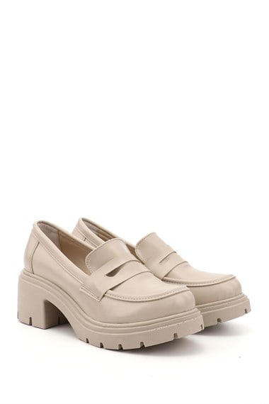 Kadın Ten Kalın Topuklu Loafer Ayakkabı