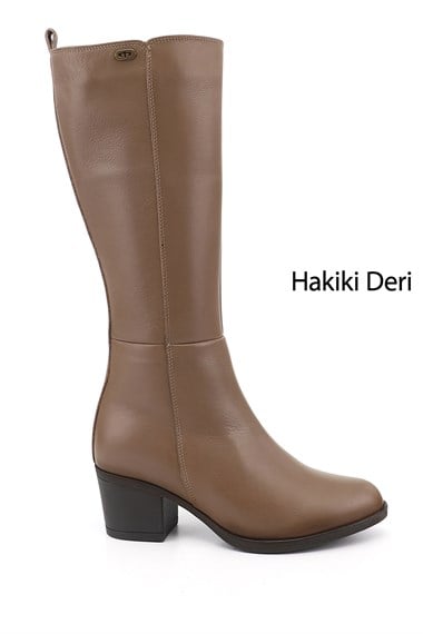 Kadın Vizon Antik Fermuarlı Kalın Topuklu Hakiki Deri Çizme