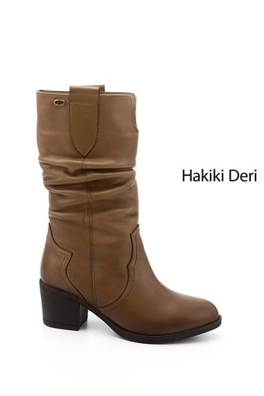 Kadın Vizon Antik Kalın Topuklu Körüklü Hakiki Deri Çizme